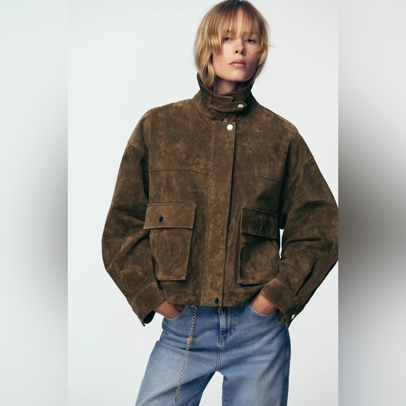 Zara Olive Brown natural suede leather bomber jacket - Picture 5 of 11
